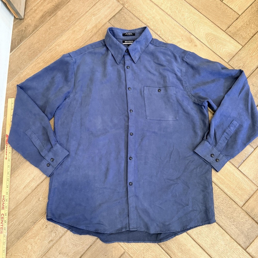 Brandini Shirt Mens Large Blue Suede-Look Microfiber Long Sleeve Button Front